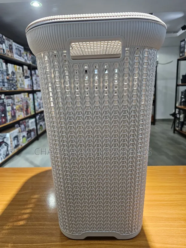 Woven Plastic Laundry Basket with Lid - Light Grey/White - 1