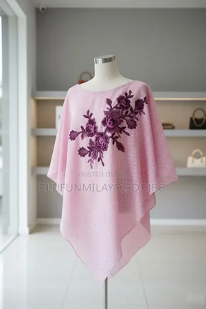 Pink Ladies' Poncho Top with Magenta Floral Embroidery