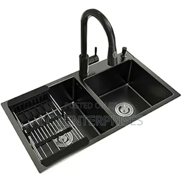 Double Bowl Kitchen Sink with Tap and Rack - 1