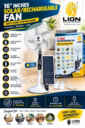 Two Lion 16" Solar Rechargeable Standing Fan with LED Light