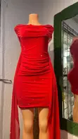 Vibrant Red Off-the-Shoulder Mini Dress with Stones - 1