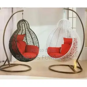 Teardrop Rattan Hanging Swing Chairs with Red Cushions (Pair)