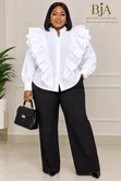 Cotton Shirt with Ruffles and Puff Sleeves - 1