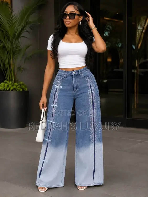 Ombré Bow Accent Wide-Leg Jeans - 1