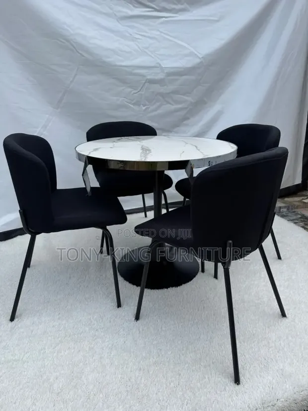 Modern 5-Piece Round Dining Set - White Faux-Marble Top - 1