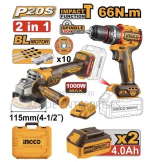 Ingco 20V Cordless Angle Grinder & Impact Drill Combo Kit