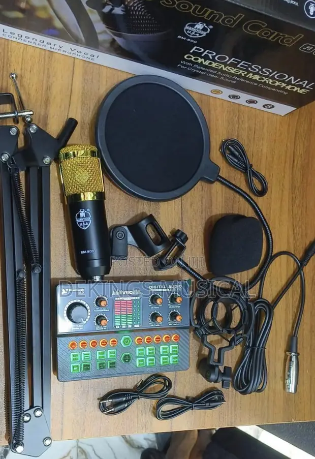 Podcast Condenser Mic, Sound Card & Boom Arm Stand - 1