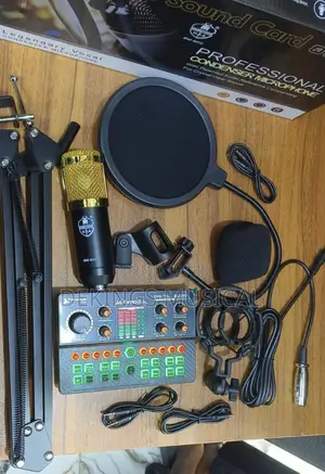 Podcast Condenser Mic, Sound Card & Boom Arm Stand