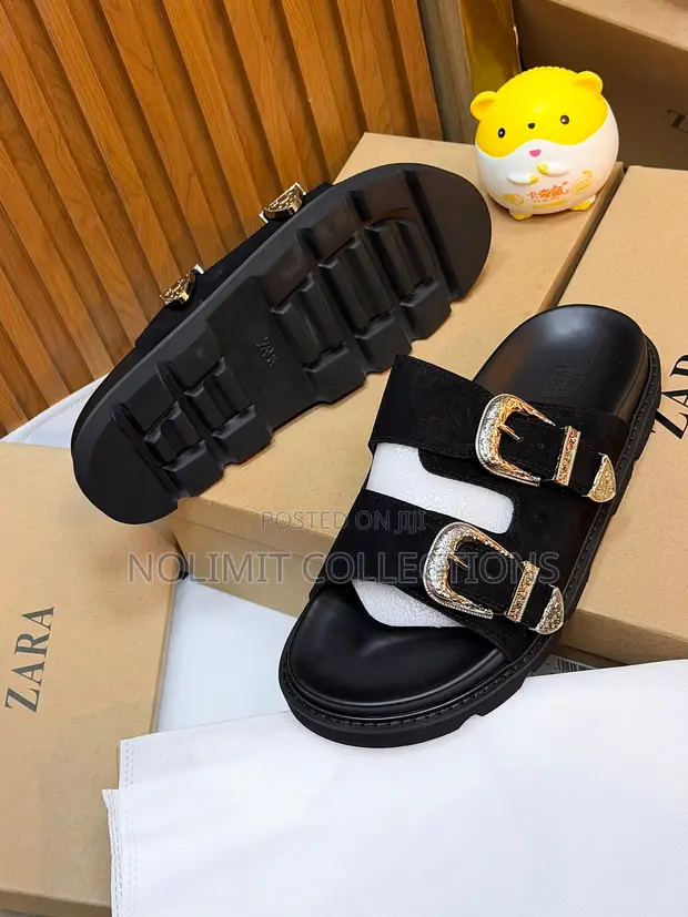 Zara Double Strap Slides - Black - 1