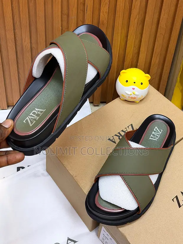 Olive Green Leather Criss-Cross Strap Zara Slides - 1