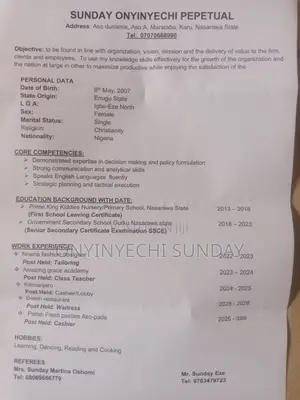 Housekeeping Cleaning CV - Hardworking & Obedient