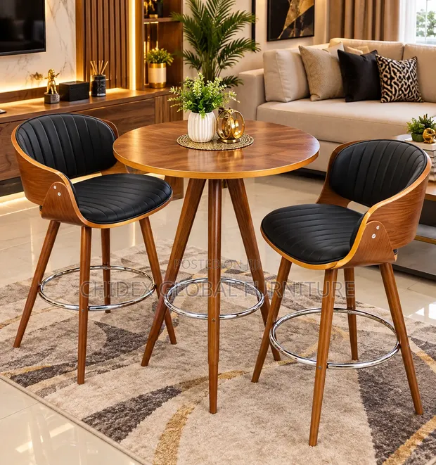 Wooden Bar Table with 2 Leather Bar Chairs - 1