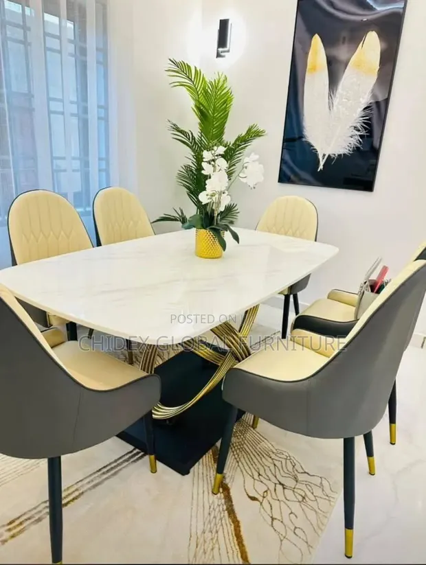 Marble Top Dining Table with Leather Chairs - 1