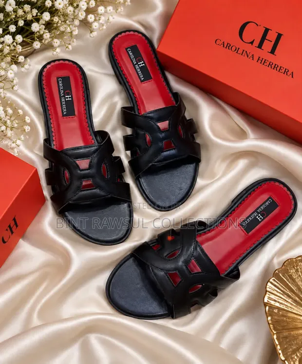 Carolina Herrera Luxury Flat Slippers - Black Leather - 1