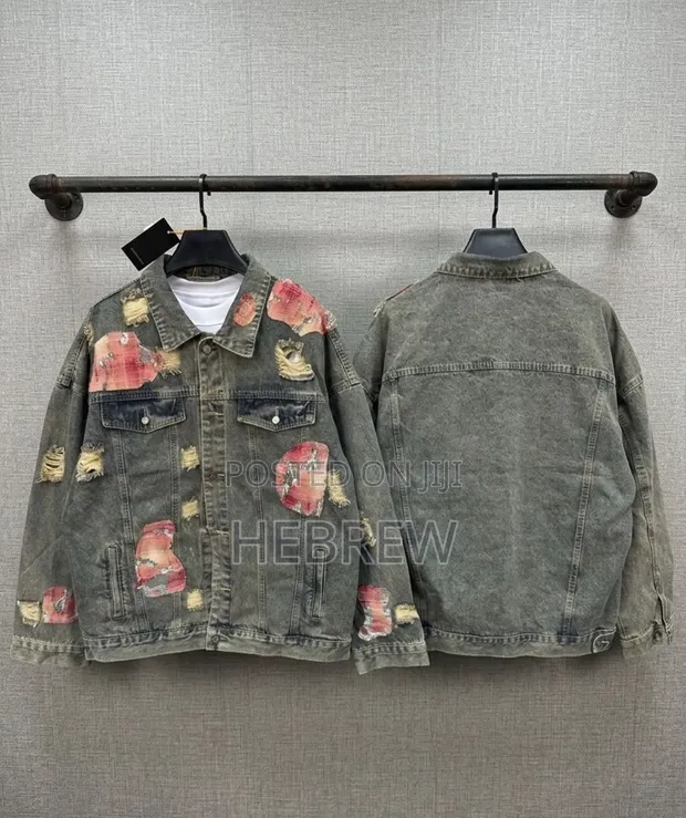 Distressed Denim Varsity Jacket - 1