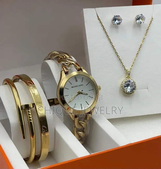 Gold Wristwatch Bracelet and Necklace Set - 1