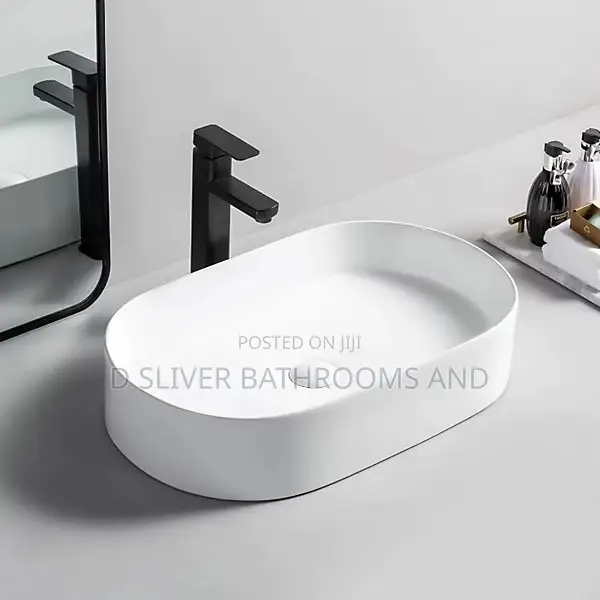 White Oval Countertop Basin with Matt Black Mixer Tap Set - 1