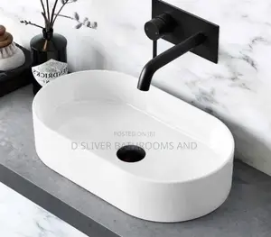 White Oval Countertop Basin with Matt Black Mixer Tap Set