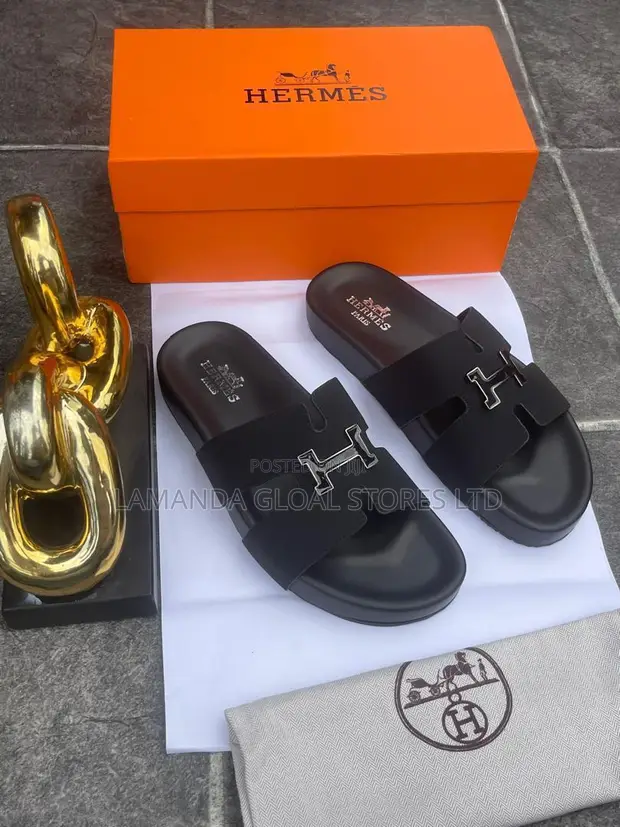 Hermès Leather Slide Sandals with Silver H-Buckle - 1