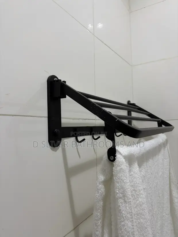 Matt Black Foldable Towel Rack with Hooks - 1