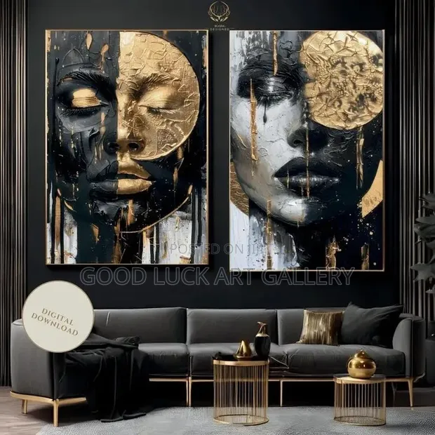 Abstract Portrait Wall Art - Black, White, Gold - 1