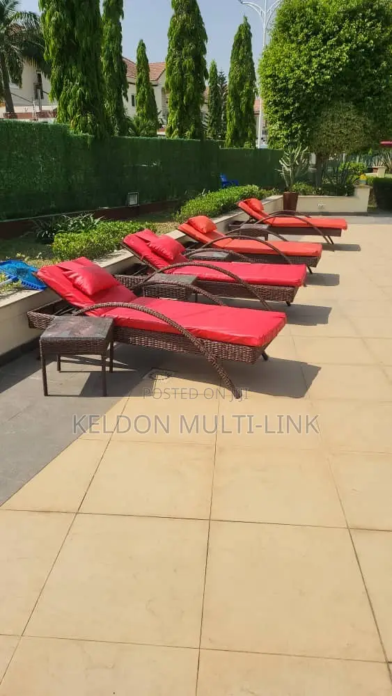 Rattan Poolside Bed with Cushion and Side Stool - 1