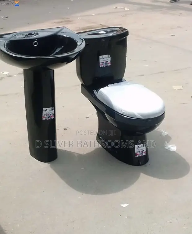 Black England WC Toilet with Pedestal Wash Hand Basin - 1