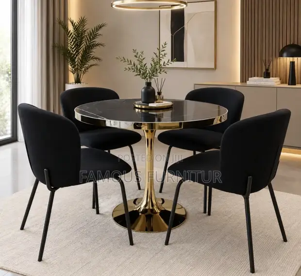 Modern 4-Piece Round Dining Set - Black Faux-Marble Top - 1