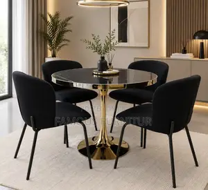 Modern 4-Piece Round Dining Set - Black Faux-Marble Top