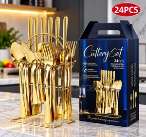 24-Piece Luxury Gold Stainless Steel Cutlery Set with Rack