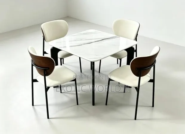 Modern White Marble Dining Table with 4 Cushioned Chairs - 1
