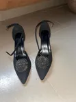 Black Pointed-Toe Rhinestone Heels - 1