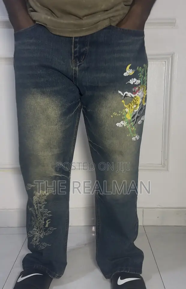 Men's Baggy Jeans - Oriental Tiger Embroidered Japanese Style Denim - 1