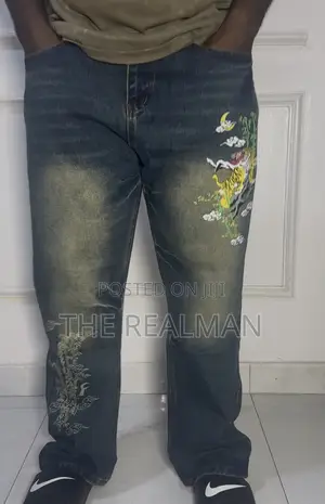Men's Baggy Jeans - Oriental Tiger Embroidered Japanese Style Denim
