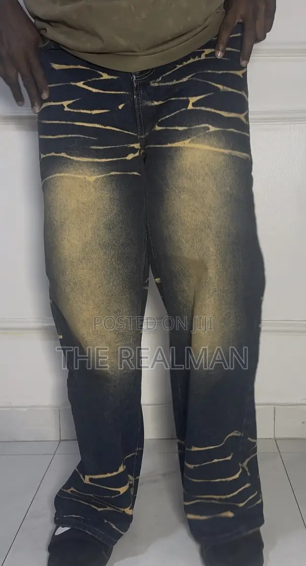 Men's Baggy Jeans - Custom Vintage Wave Dye Graphic Black Denim - 1