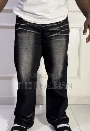 Men's Baggy Jeans - Custom Vintage Wave Dye Graphic Black Denim