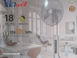 Vinwell Solar Standing Fan with Panel, Bulbs & Remote