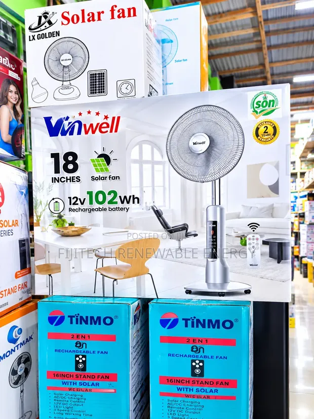 18" Rechargeable Solar Fan with 35W Panel, Bulbs & Remote - 1