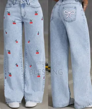 Y2K Cherry Embroidery Wide Leg Jeans - High Waist Bow Back