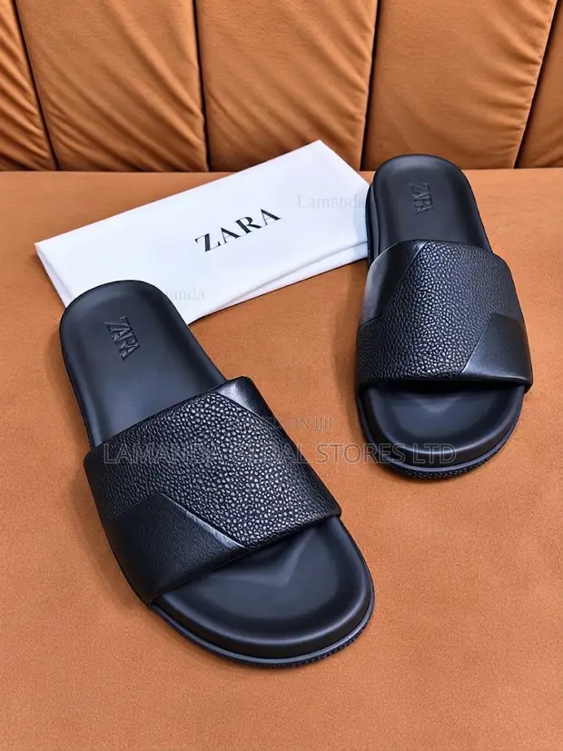 Zara Mixed-Texture Panel Slide Sandals - Black - 1