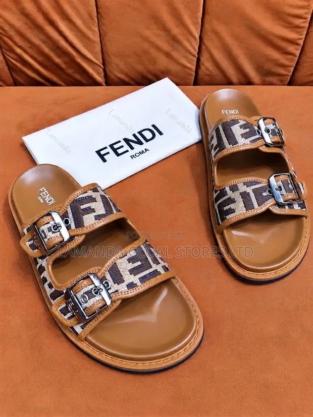 Fendi FF Brown Leather Double-Buckle Sandals - 1