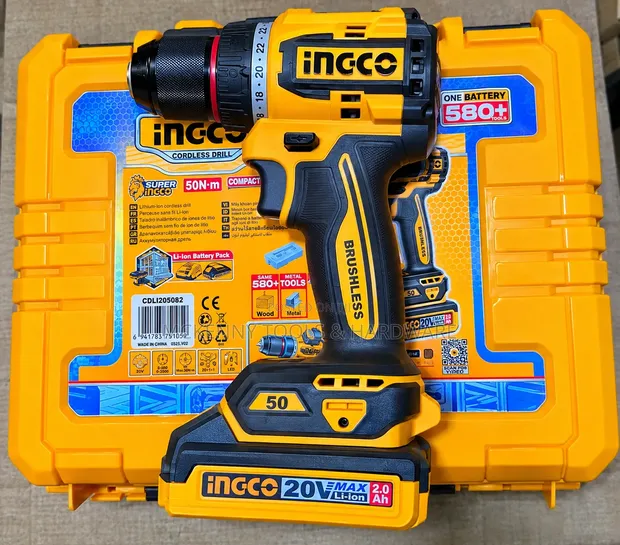 INGCO 20V Brushless Cordless Drill Machine - 2.0Ah Battery & Case - 1