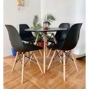 Modern Round Dining Set - Black Table & 4 Chairs