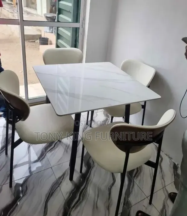 Modern 4-Seater Dining Set - Marble Pattern Tabletop - 1