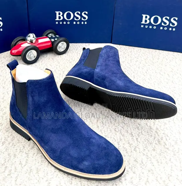 BOSS Navy Blue Suede Chelsea Boots - 1