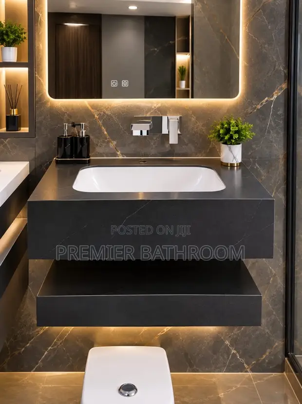 Black 60cm Marble Basin with Mirror - 1