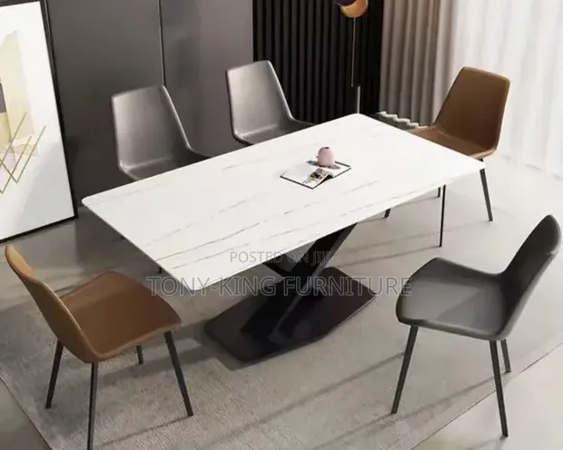 Modern Rectangular White Faux Marble Dining Table Set (6 Seater) - 1