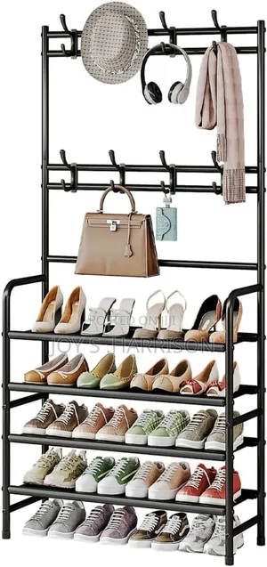 5-Tier Metal Shoe Rack, Coat & Hat Hanger tare da Hooks