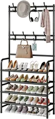 5-Tier Metal Shoe Rack, Coat & Hat Hanger with Hooks - 1