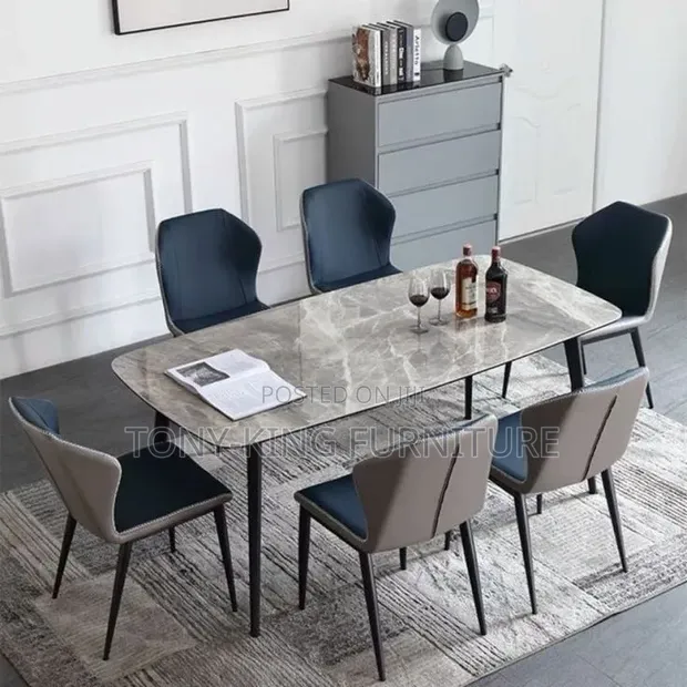 Luxury Modern 6-Seater Rectangular Dining Set with Marble-Finish - 1